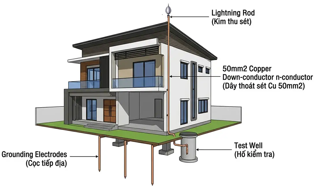 Dây thoát sét tiết diện bao nhiêu, Sơ đồ hệ thống chống sét sử dụng dây thoát sét cáp đồng tiết diện 50mm2 theo chuẩn TCVN